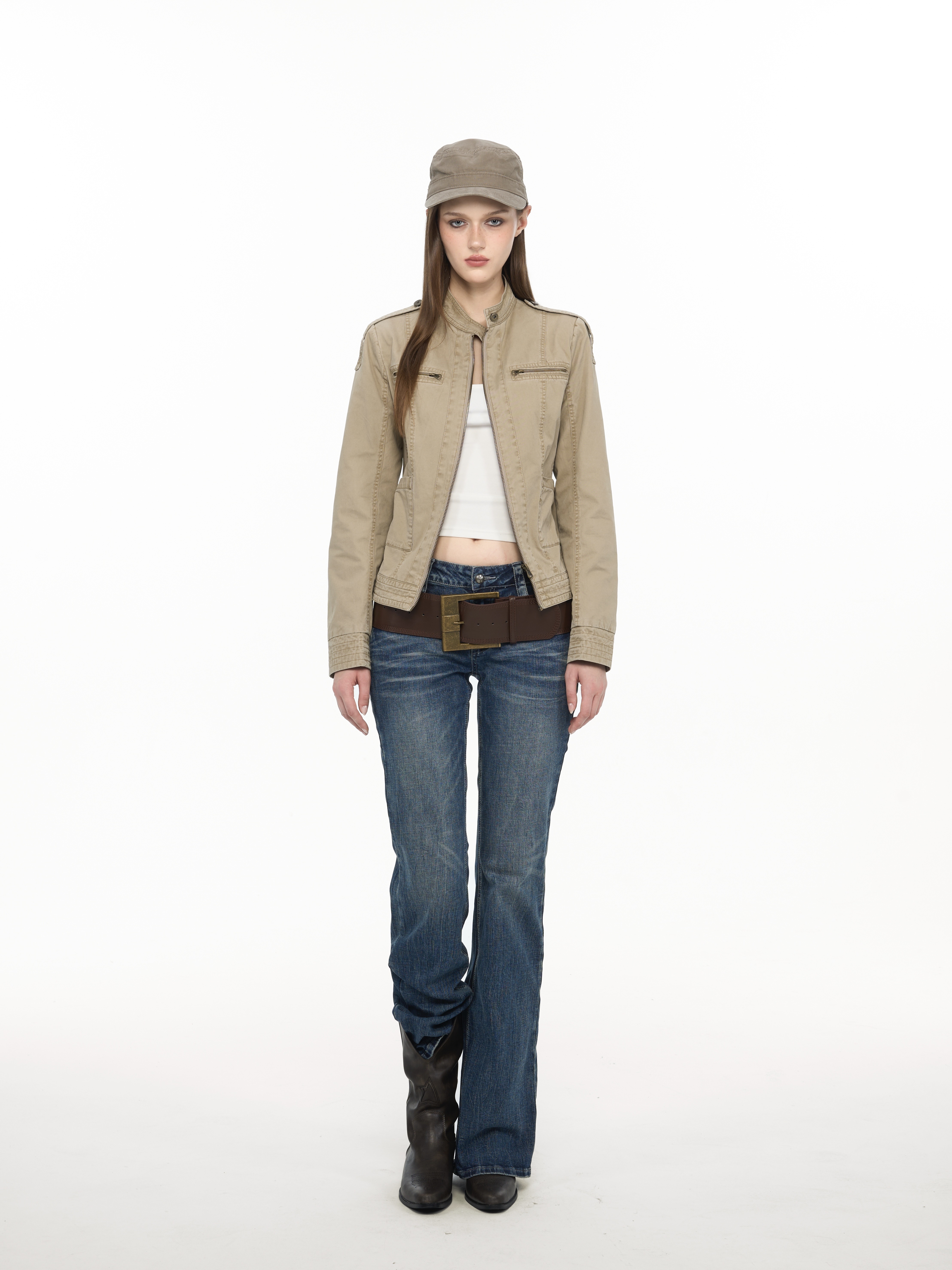 Women's Cropped Denim Jacket, Utility Style with Long Sleeves